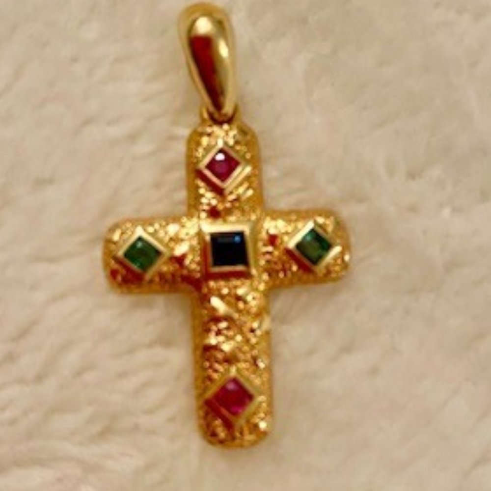 Gold Cross with Emerald/Ruby/Sapphire Stones - Picture 2 of 5